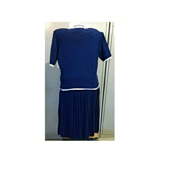 Vtg 1992 Susan Bristol Set Navy Blue Pleated Skirt & Button Top Knit Sweater Top - Picture 6 of 12